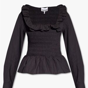 GANNI Cotton Poplin Smock Ruffled Blouse